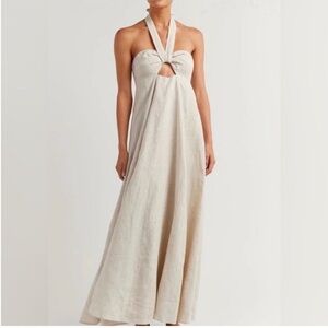 Dissh Verdes Natural Linen Maxi Dress Twist Front Halter Open Back AU 10 US 6